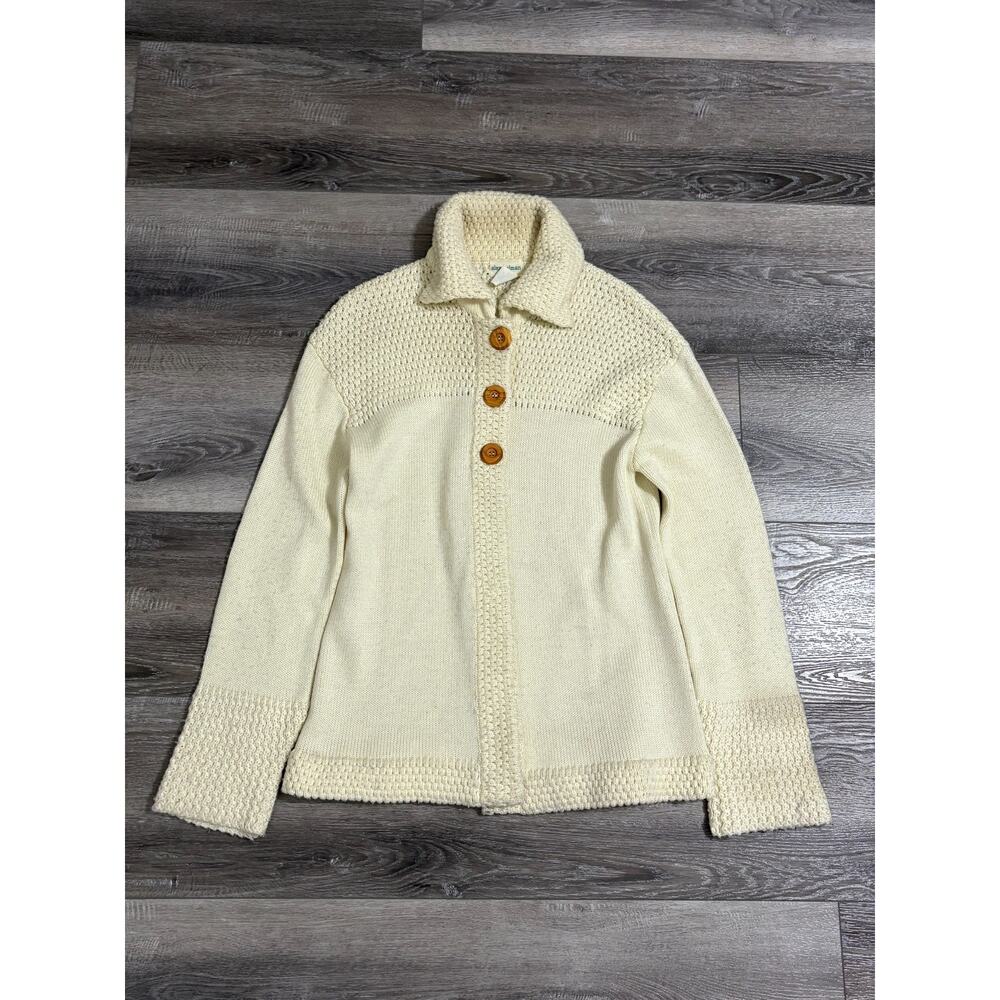 Vintage 70s Alex Colman Cream Knit Button Up Collared Sweater - Women’s Medium